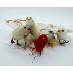 Vintage Feather & Flocked Bird Ornaments Lot of 6 Japan Dove Craft Repair Christ